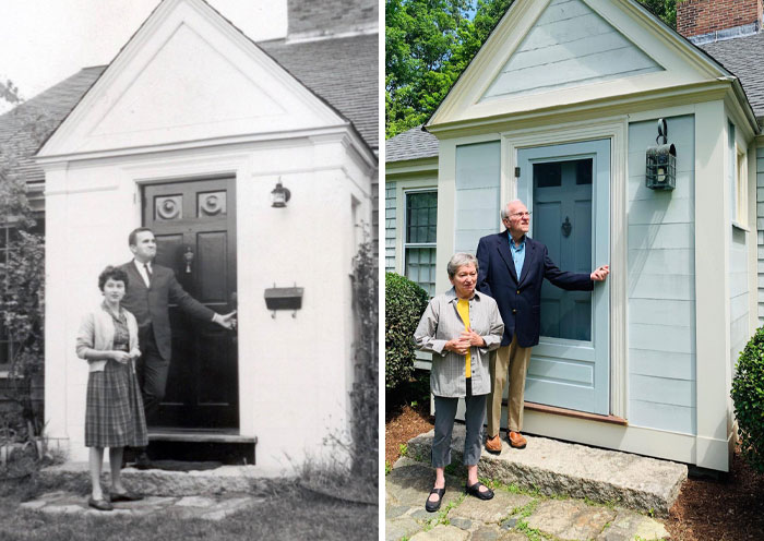Side-by-side before and after photos of a couple standing outside their home showing dramatic change over time.
