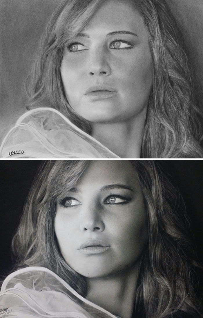 Realistic before and after photos showing detailed changes in a woman's facial features and lighting effects.