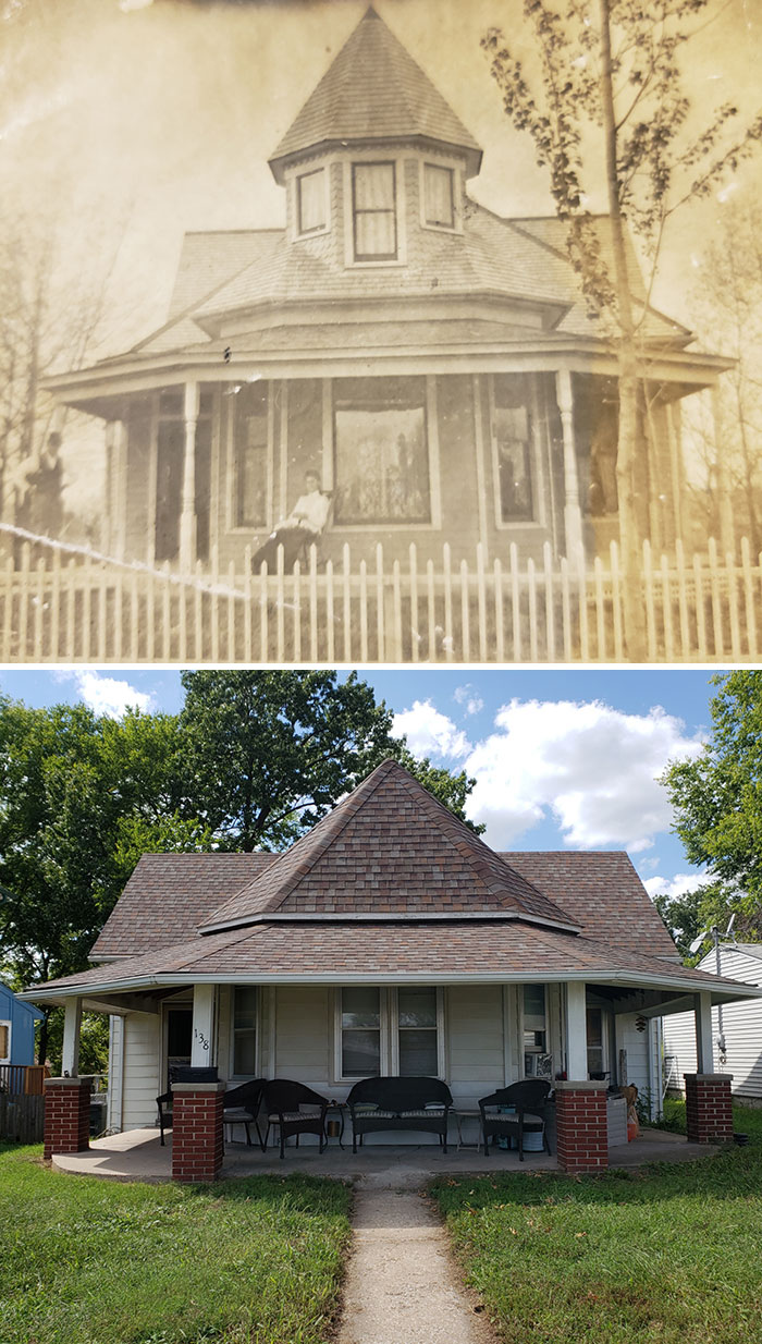 Old and new photos showing a house transformation over time, illustrating dramatic before and after changes.