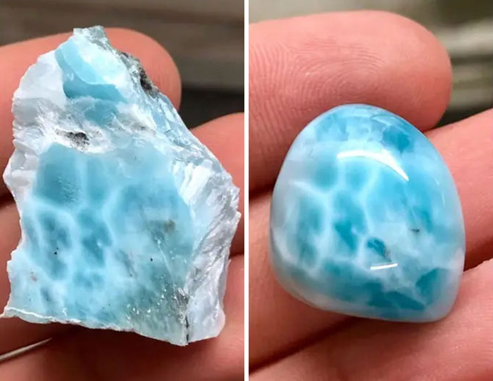 Before and after photos showing rough blue stone transformed into a polished gem, highlighting how things can change dramatically.