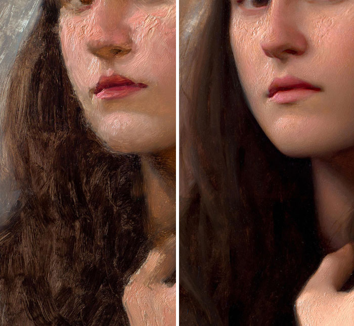Close-up of a woman’s face showing texture differences in before and after photos highlighting changes.