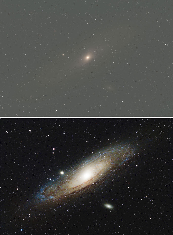 Before and after photos showing a galaxy transformation with enhanced clarity and detail in space imagery.
