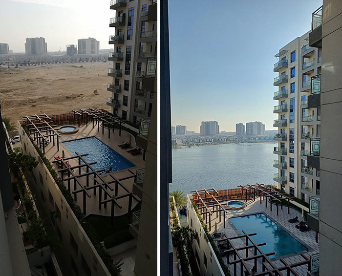 Before and after photos showing a pool area transformation with added water and improved surrounding scenery changes.