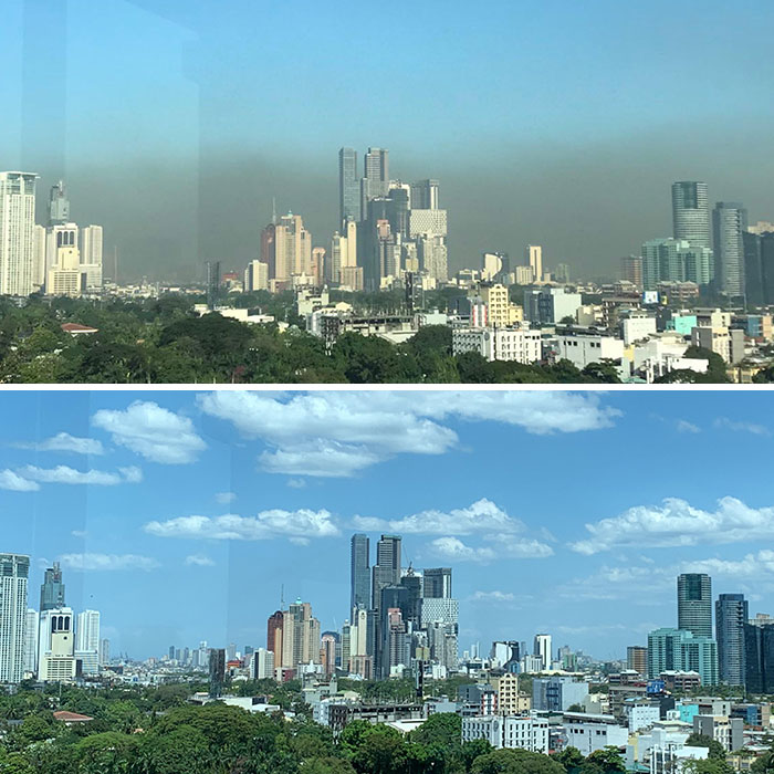 City skyline before and after photos showing significant change in air quality and clarity on two different days.