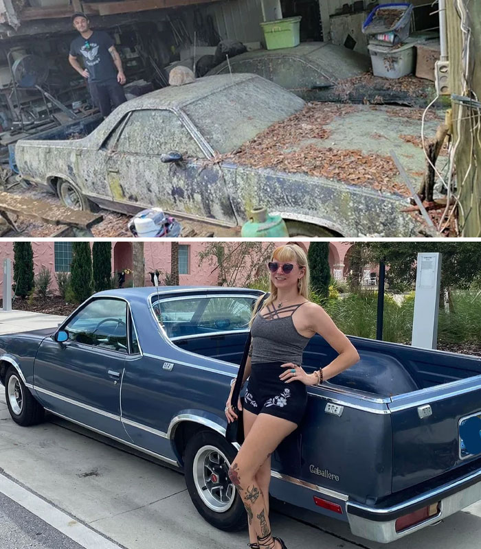 Before and after photos showing a rusty old car transformed into a restored classic vehicle with a woman posing beside it.