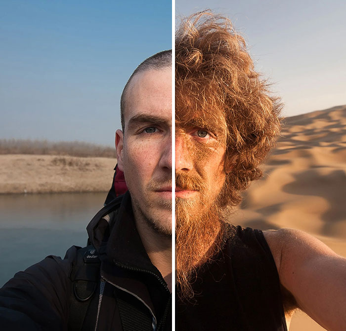 Split image showing dramatic before and after photos of a man, highlighting natural changes over time and environment.