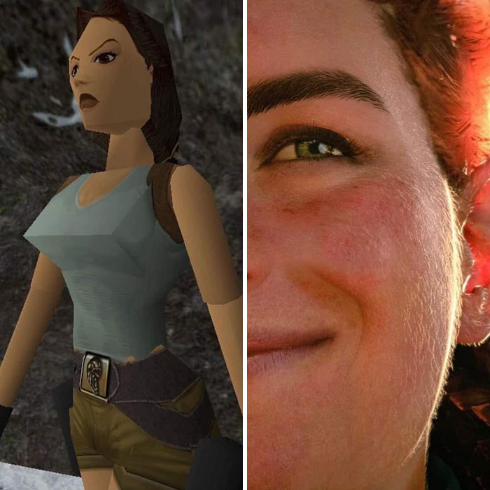 Side-by-side before and after photos showing drastic visual changes in character and skin detail over time.