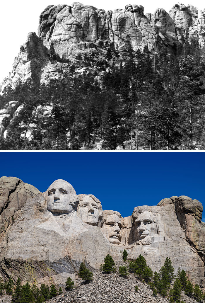 Before and after photos showing the transformation of Mount Rushmore with presidential sculptures carved into the rock.