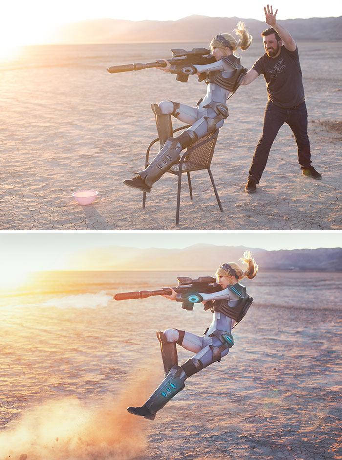 Cosplayer in futuristic armor holding a large weapon, before and after dynamic action photos showing change.