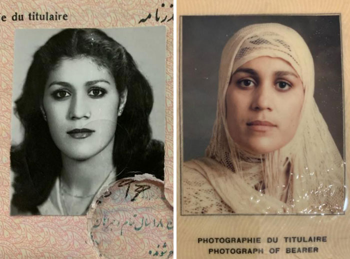 Before and after photos showing a woman’s transformation over time with changes in appearance and style.