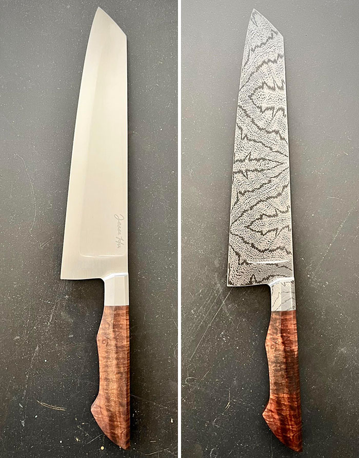 Before and after photos showing the transformation of a plain kitchen knife into a detailed patterned blade with a wooden handle.