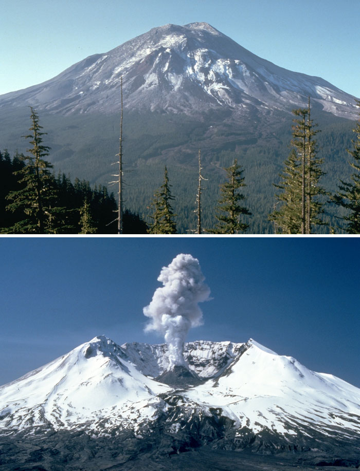 Before and after photos showing a volcanic mountain transformation with eruption and surrounding forest changes.