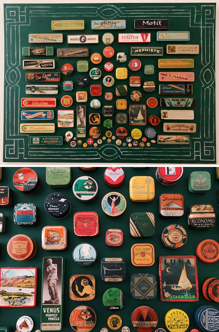 Vintage pencil and typewriter ribbon collections displayed on a green surface with decorative white borders