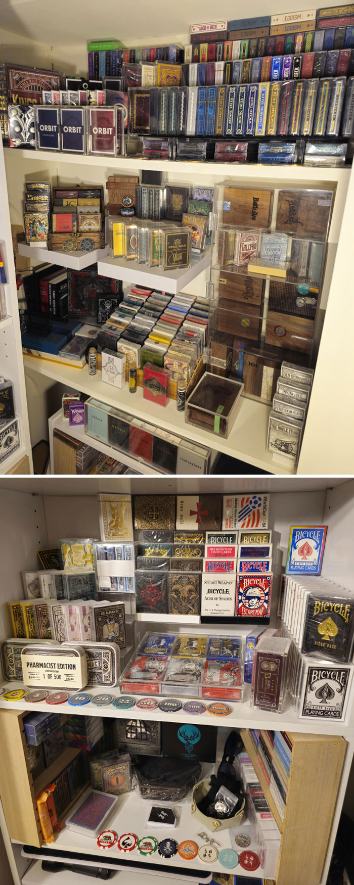 Extensive collection of playing cards and card-related items displayed on shelves in a home collection.