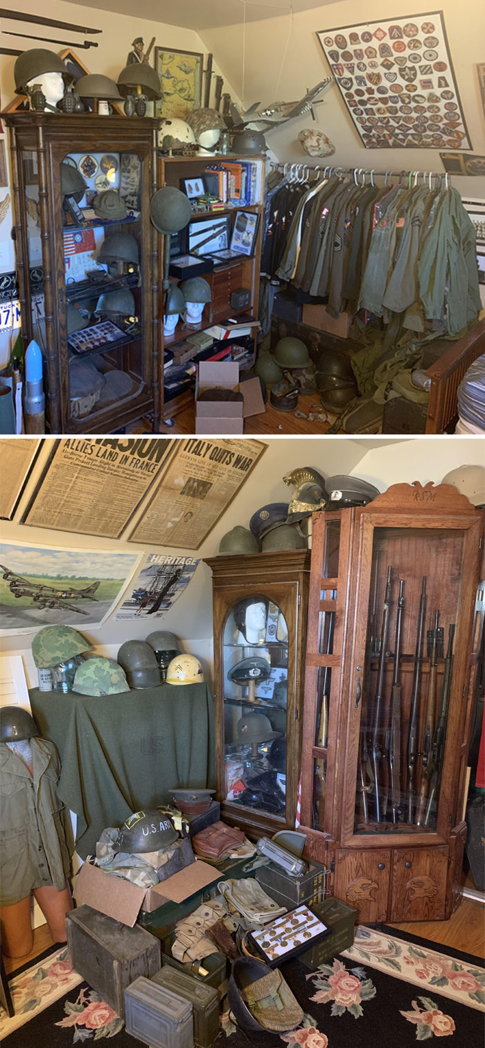 Military helmet and uniform collection with vintage guns and memorabilia in a home display of unusual collections.