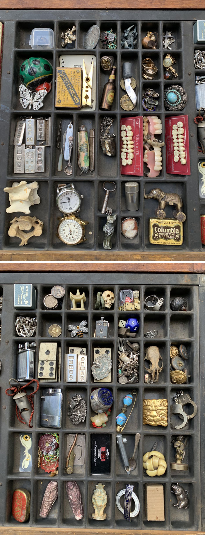 Tray filled with unusual collections of small vintage items and curiosities displayed in home collection.