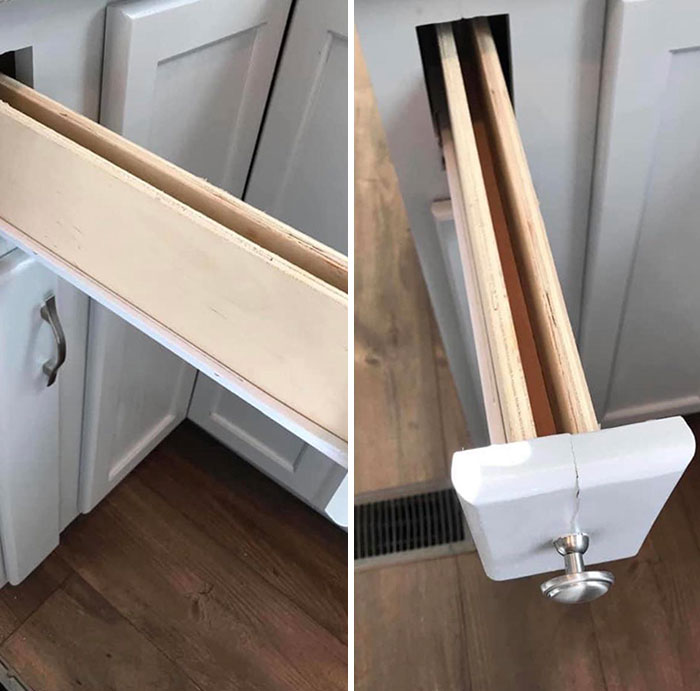 Broken kitchen drawer with misplaced panel and c*****d front, illustrating dumb interior design decisions in home renovation fails.