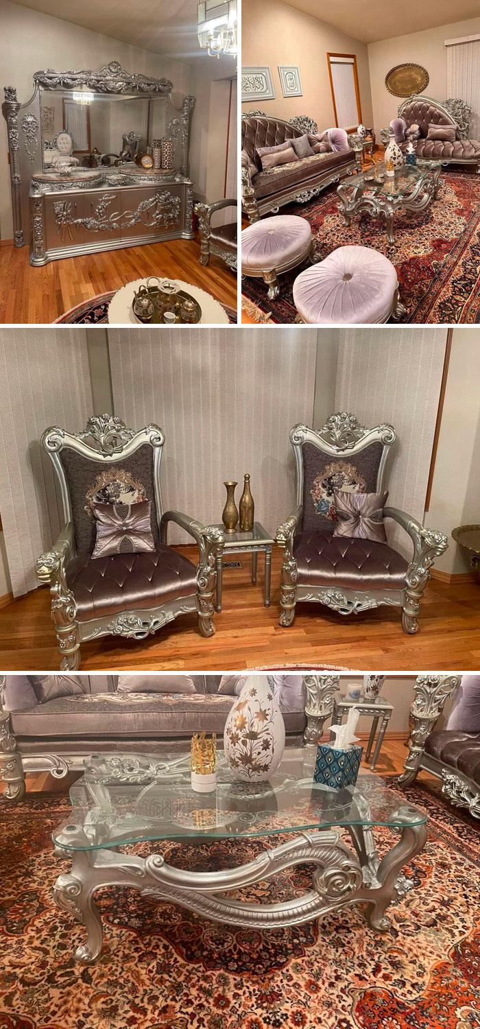 Overly ornate living room furniture with silver finishes and plush upholstery showing dumb interior design decisions.
