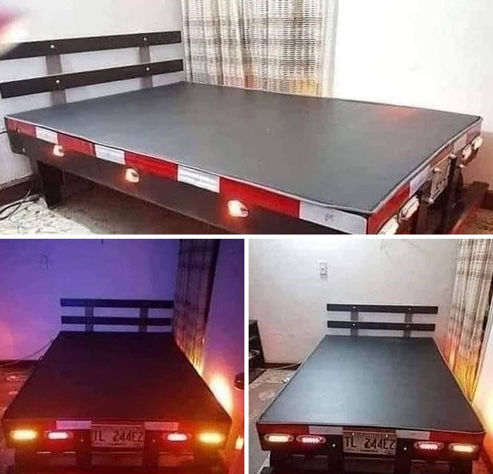 Bed designed with truck trailer lights and license plate, illustrating dumb interior design decisions with poor common sense.