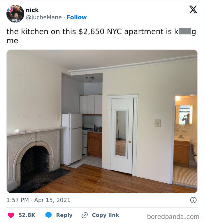 Small NYC apartment kitchen with a cramped layout next to a fireplace, illustrating dumb interior design decisions.