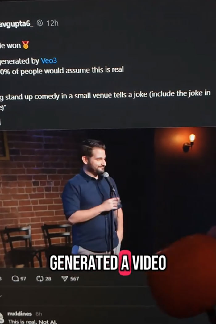 Man performing stand-up comedy on stage in a video generated using Google AI model creating realistic videos