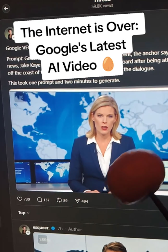 A screen showing a realistic AI-generated news video by Google with a woman anchor and map background.