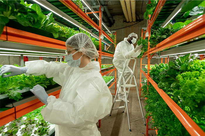 Scientists in protective gear tending to vertical farm plants indoors, showcasing innovations changing humanity’s future.