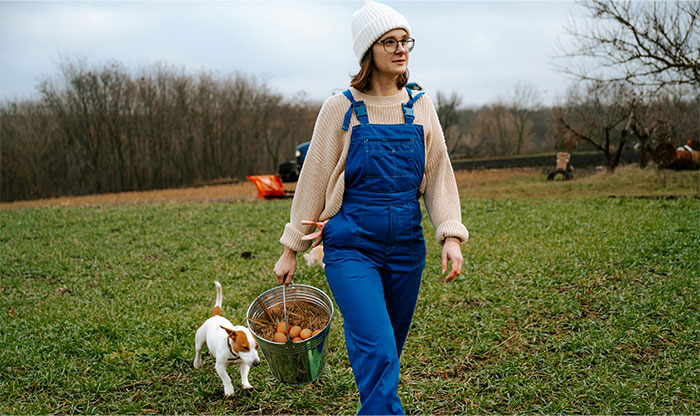 Woman in blue overalls carrying a bucket of eggs with a dog walking beside her in a grassy field outdoors