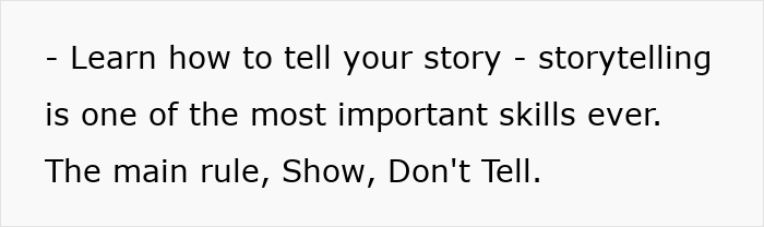 Text slide displaying a professional career coach sharing detailed tips on storytelling to ace interviews and land dream jobs.