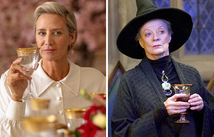 Two female characters from Harry Potter series holding goblets, highlighting new cast for Harry Hermione and Ron in upcoming series.