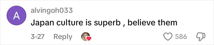 Comment on social media praising Japanese culture, highlighting admiration and belief in their hospitality and values.