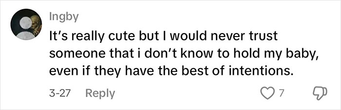 Comment from social media user expressing hesitation about trusting strangers with their baby, related to Japanese waitress helping traveling parents.