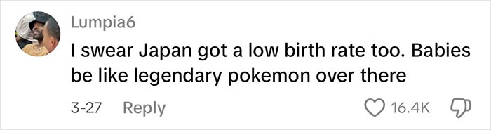 Comment on social media discussing Japan's low birth rate, referencing legendary Pok&eacute;mon, related to viral Japanese waitress story.