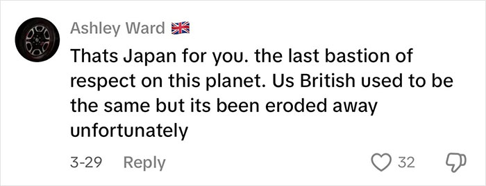 Comment from Ashley Ward praising Japan's respect culture, relating to viral Japanese waitress helping traveling mom and dad.