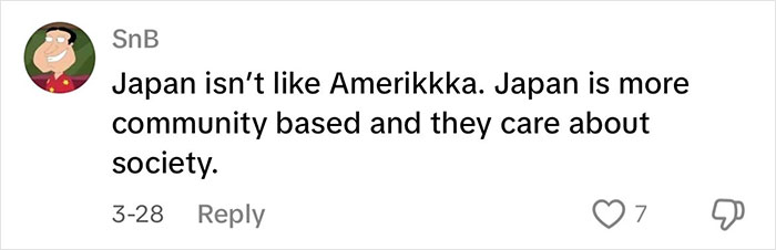 Screenshot of a user comment discussing Japanese community values amid viral story of waitress helping traveling parents.