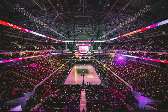 Large crowded indoor arena with vibrant lighting illustrating women supporting microfeminisms at a public event.