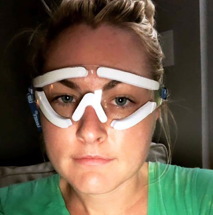 Woman wearing protective eye gear recovering from LASIK surgery, highlighting concerns after man&rsquo;s tragic note.