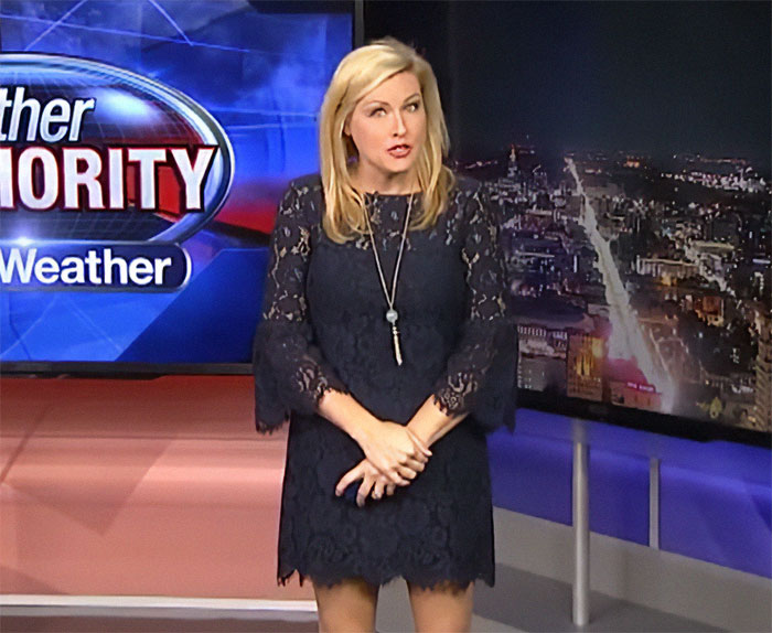 Female news anchor presenting a weather segment in a studio discussing reports related to LASIK and its impact.