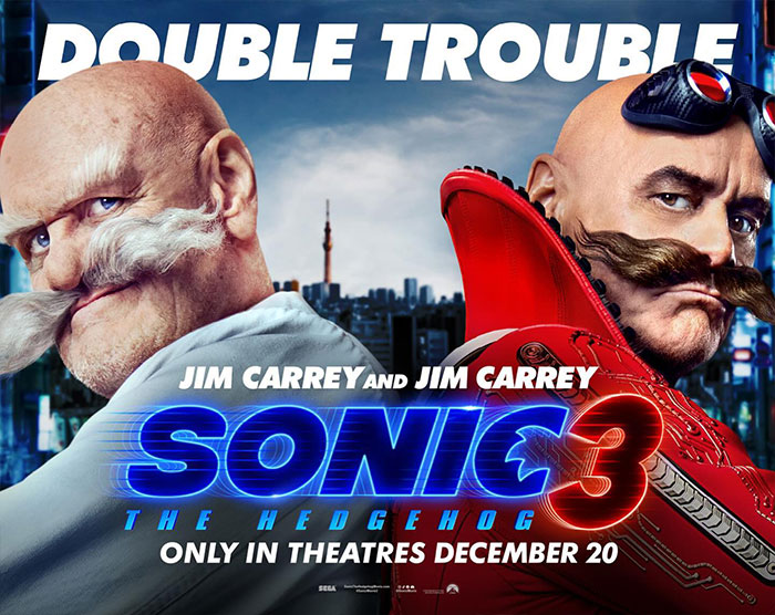 Promotional poster for Sonic the Hedgehog 3 featuring characters played by Jim Carrey in a dramatic pose.