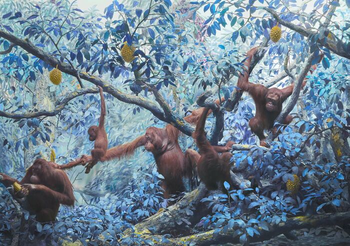 Orangutans among blue-tinted foliage in a beautiful but unsettling vision of the natural world by Jim Naughten.