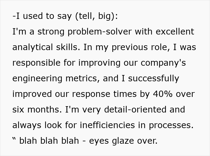 Text excerpt showing example of ineffective interview answers, highlighting tips from professional career coach to ace interviews.