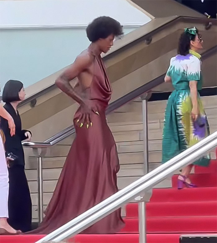 Star in a flowing brown dress revealing backside, breaking Cannes dress code while walking up red carpet stairs.