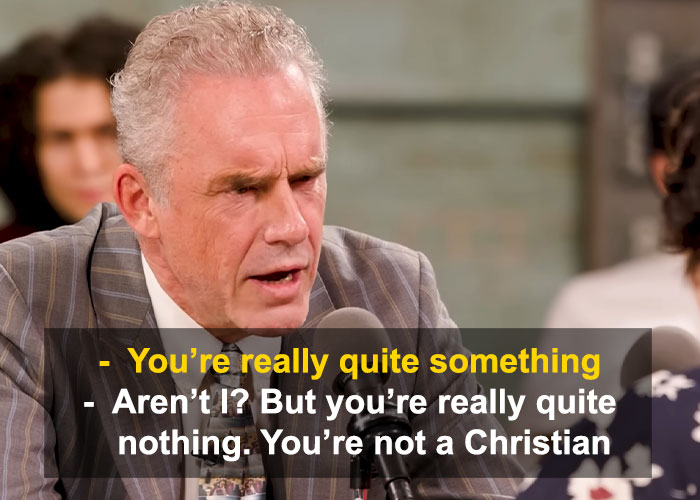Jordan Peterson speaking passionately during a heated debate with atheists on religion and identity.
