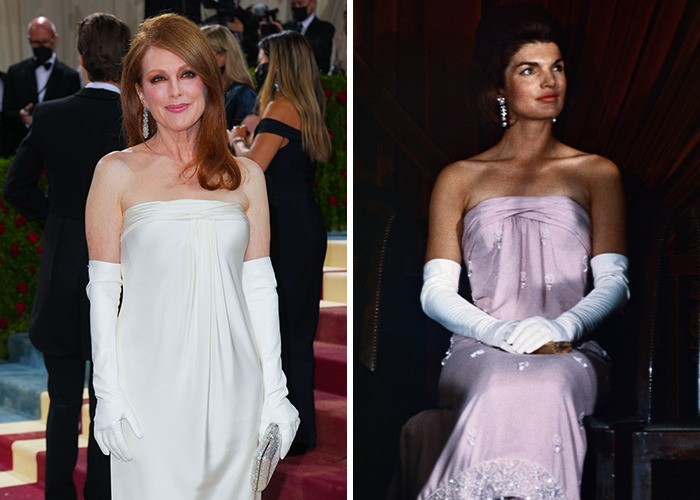 Two celebs wearing iconic fashion reboot gowns with long gloves, showcasing classic and modern elegant styles at events
