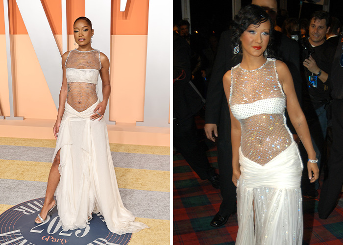 Two celebs in iconic fashion reboots wearing sheer tops and flowing white skirts on red carpet events.