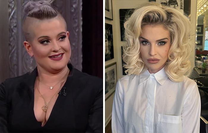 Kelly Osbourne showcasing her stunning transformation, fueling Ozempic and plastic surgery rumors in side-by-side photos.