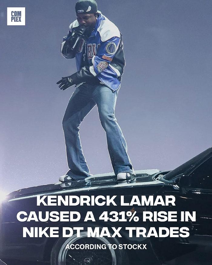 Kendrick Lamar performing on car roof, highlighting net worth rise linked to Nike DT Max trades and brand influence.