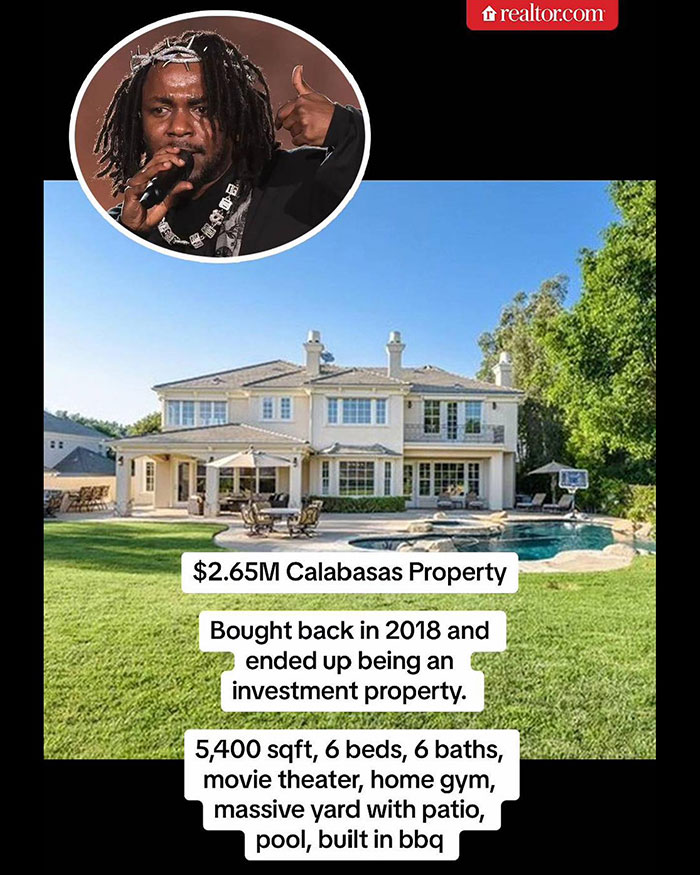 Kendrick Lamar&rsquo;s Calabasas property worth $2.65M features 6 beds, 6 baths, pool, gym, and movie theater showcasing his net worth growth.