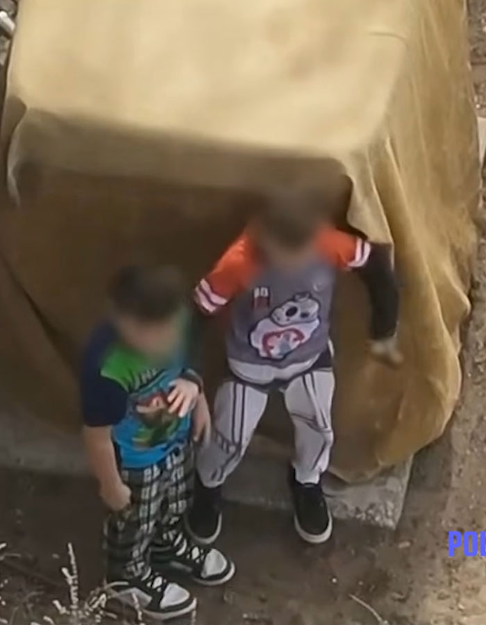 Two little boys in Minecraft and Star Wars pajamas standing near a covered object in an outdoor setting. Two little boys in Minecraft and Star Wars pajamas standing near a covered object in an outdoor setting.