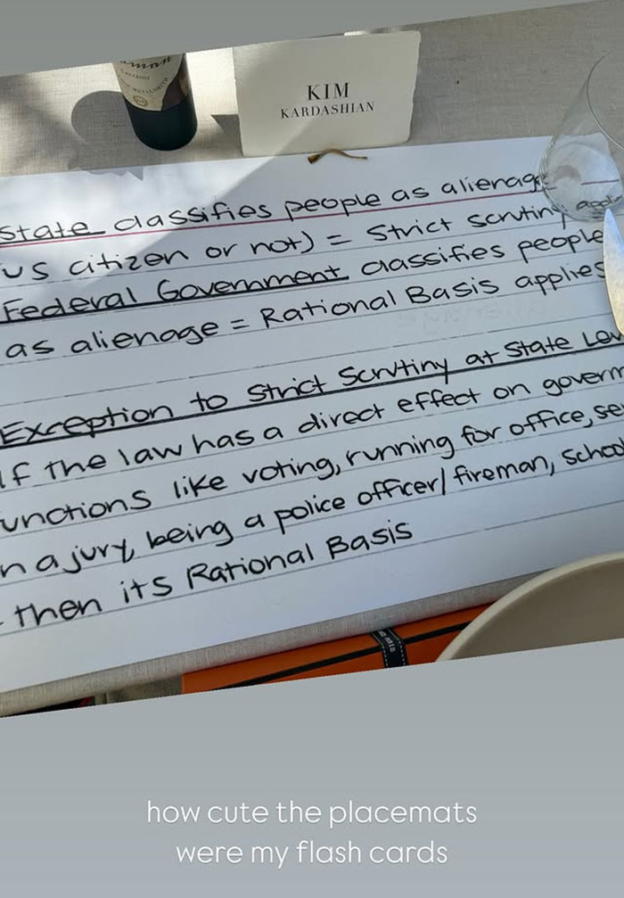 Handwritten law school notes on a placemat with a name card reading Kim Kardashian, related to law school graduation celebration.